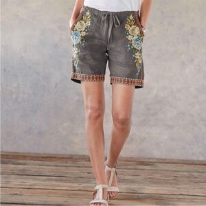 Johnny Was Hira Linen Shorts Gray Floral Embroidered Bohemian Drawstring XS